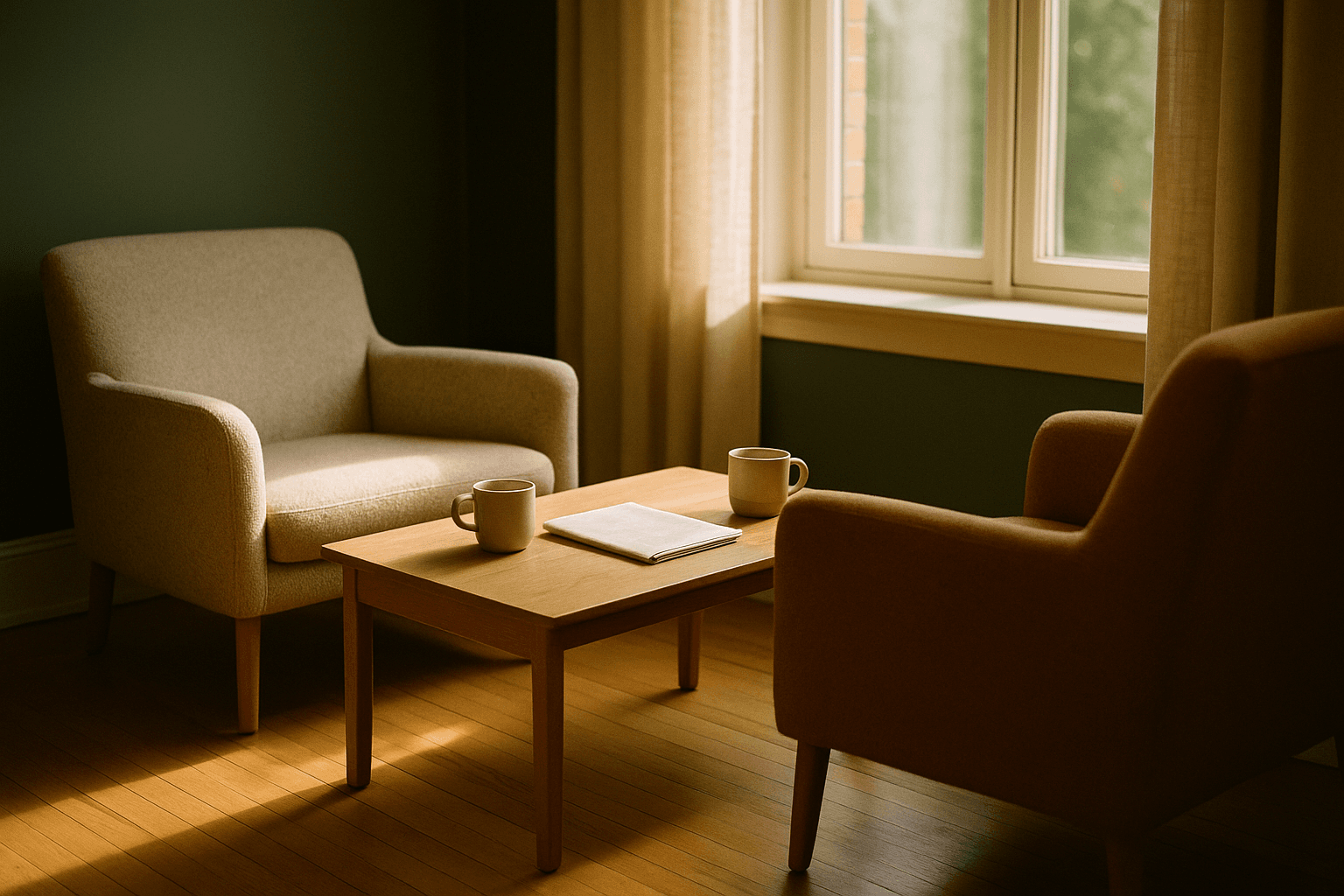 Two people in conversation across a wooden table