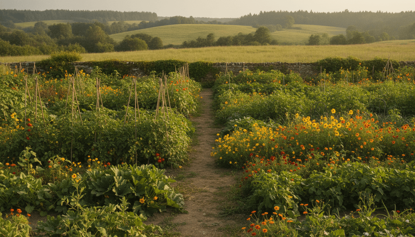 A flourishing, well-tended garden in warm afternoon light