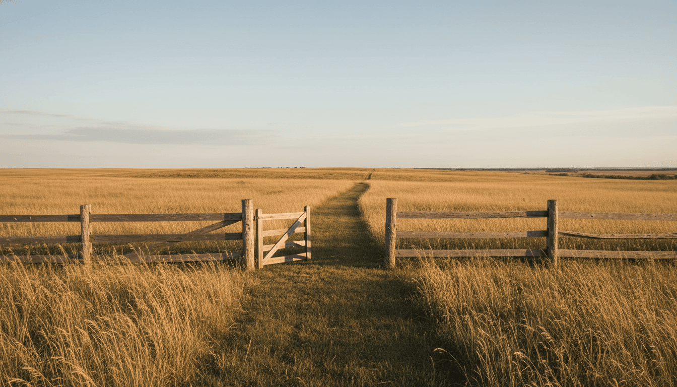 A prairie fence line with an open gate and a mown path leading through it