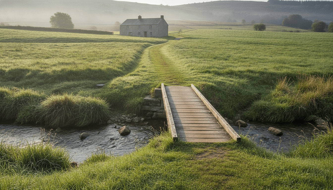 A plain footbridge over a clear stream, the path continuing on the far bank