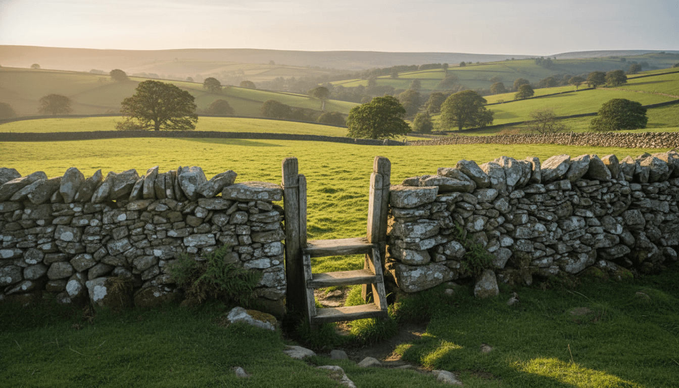 A well-worn stile crossing a dry-stone wall between green pastures
