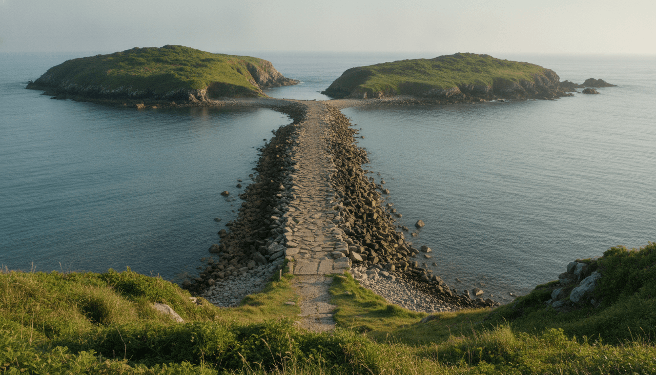 A tidal causeway connecting two green headlands at low tide