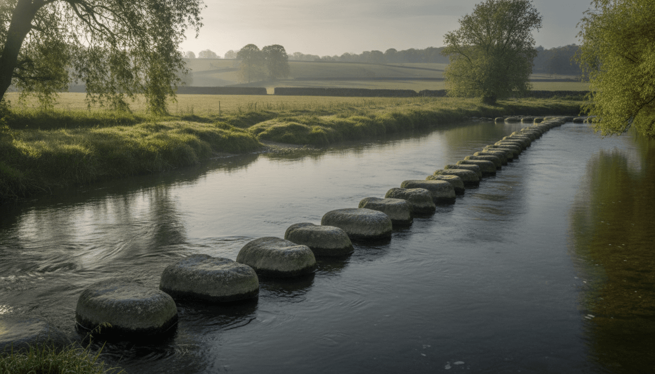 Worn stepping stones crossing a clear river in warm morning light