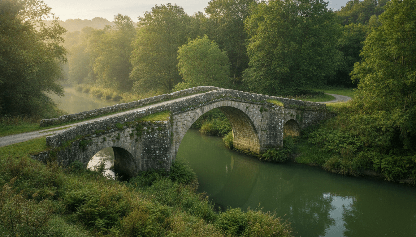 An old stone arch bridge carrying a lane across a river in warm morning light