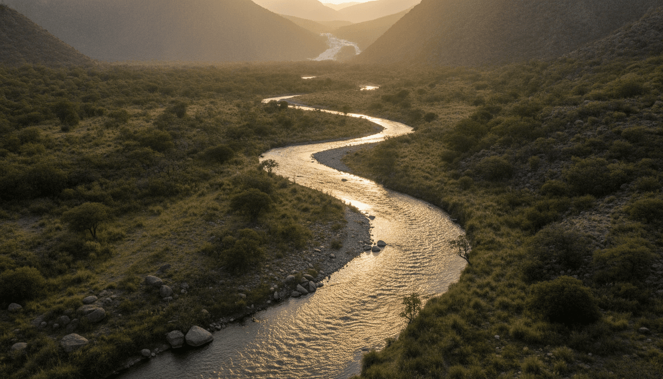 A winding river from above, calm in its near bends, rapids far upstream