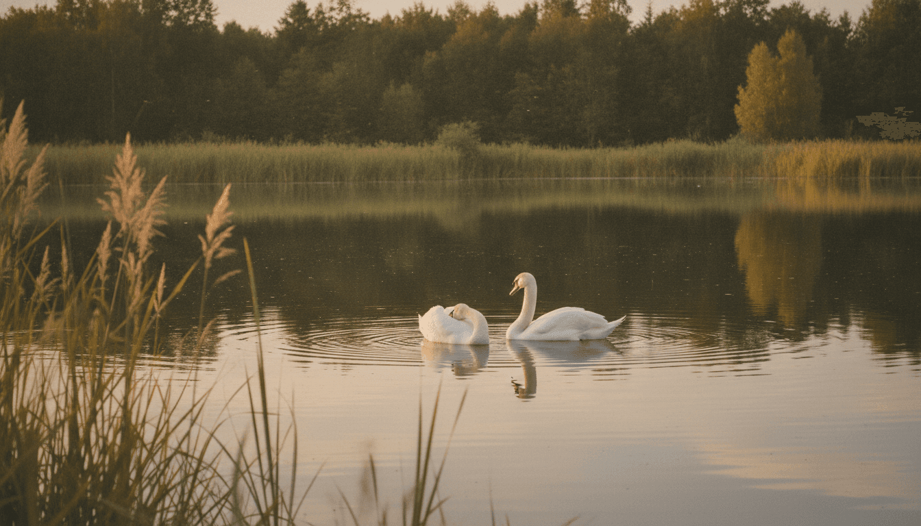 Two swans together on a calm, gold-lit pond at the close of a summer day