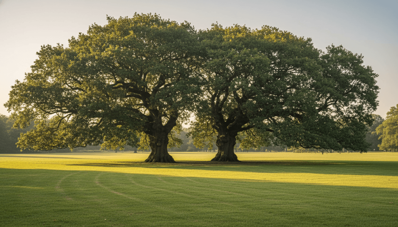 Two oaks grown together into one continuous shared canopy on open parkland