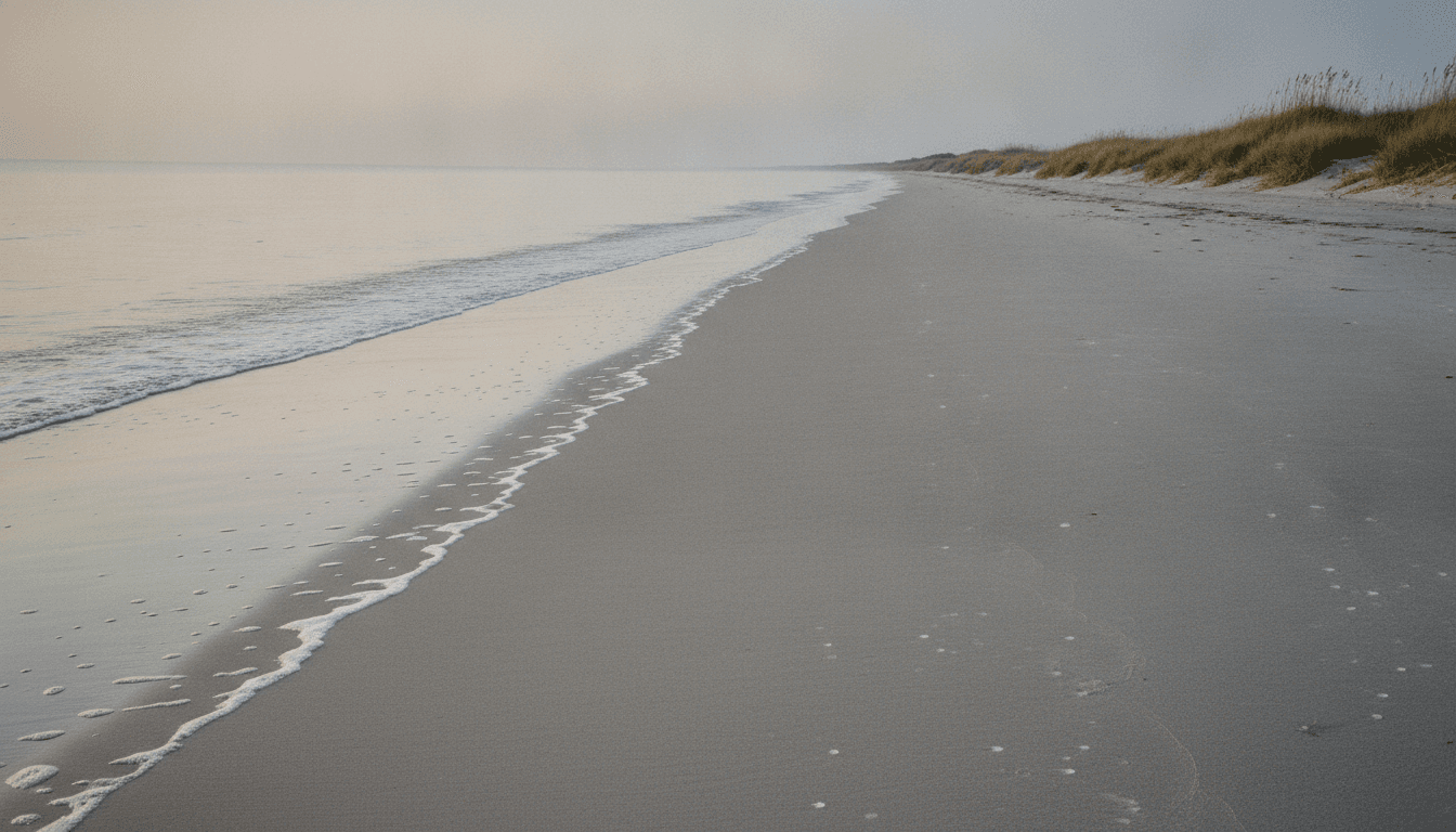 A tide-washed shore at first light, the wet sand swept smooth