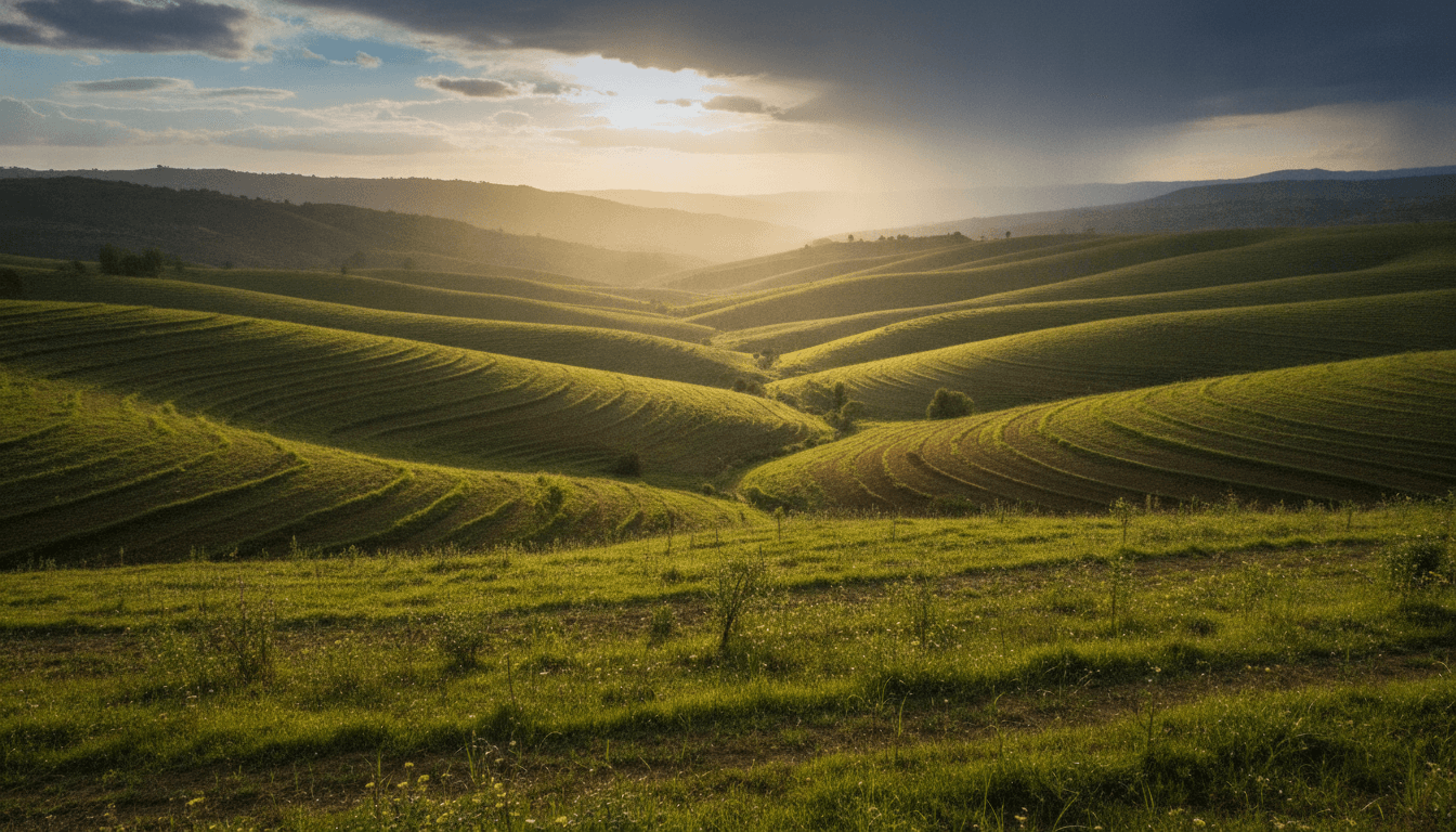 Sunlight breaking through clouds over a green valley after rain