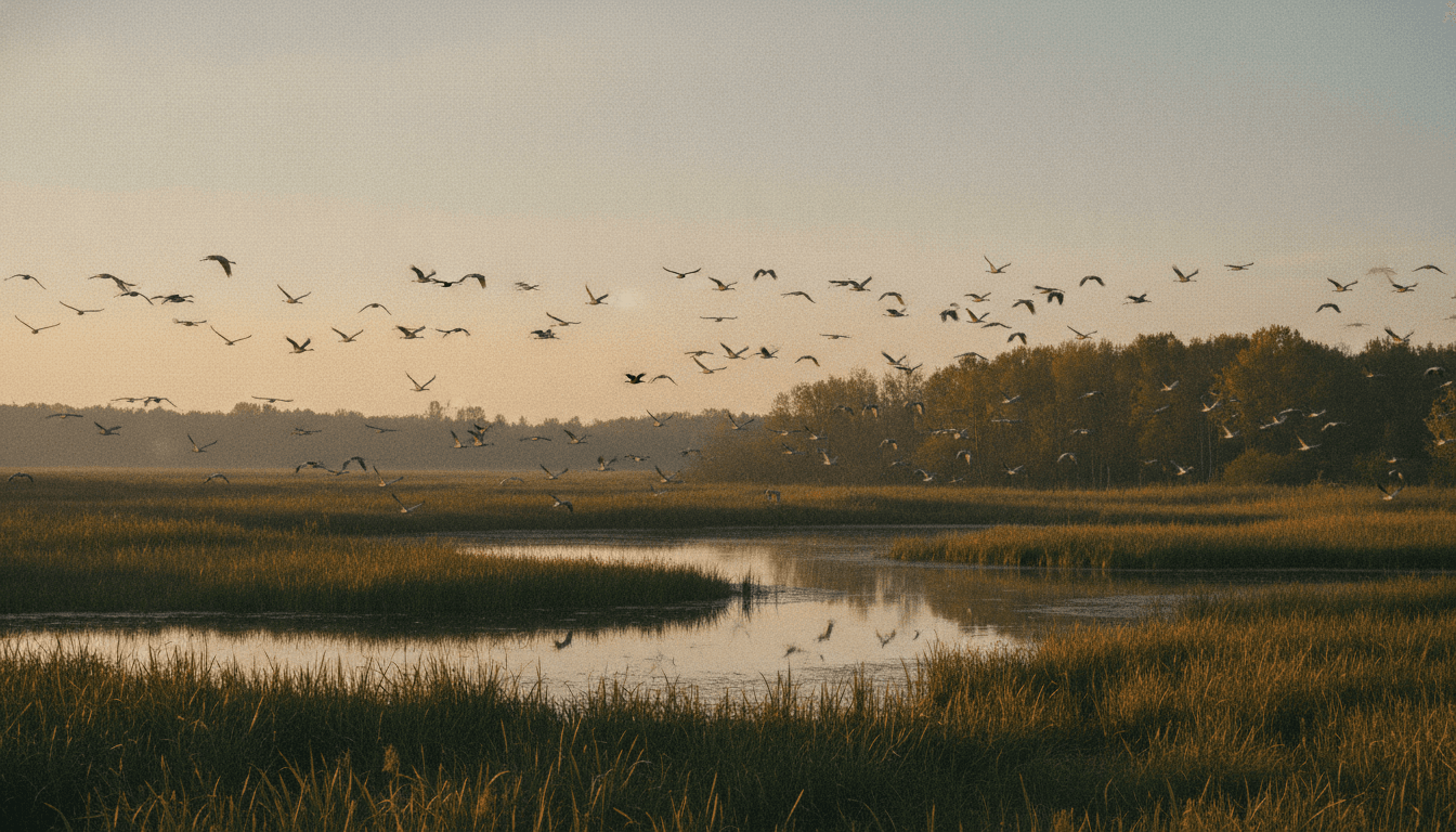 A flock of cranes gathering over a warm wetland at golden hour