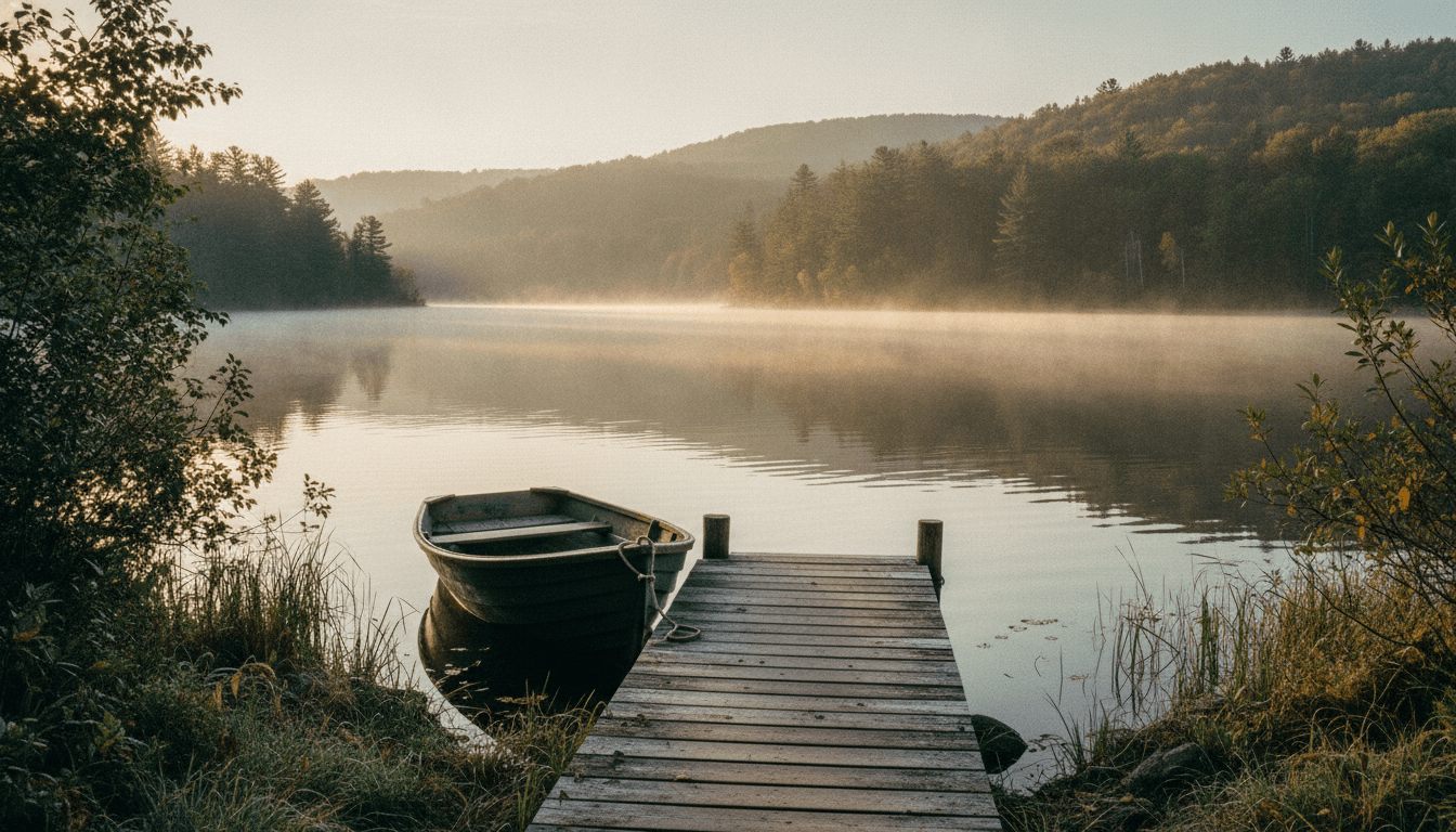 A rowboat tied to a quiet dock as morning sun clears the water