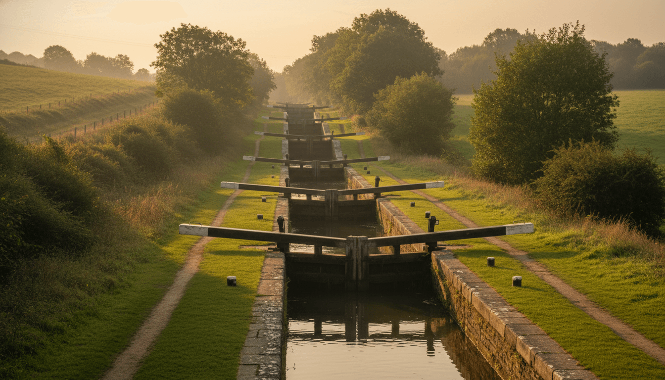 A flight of canal locks stepping down a green hillside in golden light