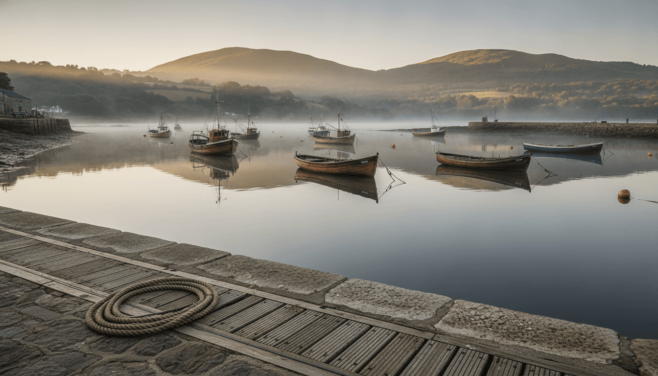 A still tidal harbor at first light, wooden boats moored on calm water