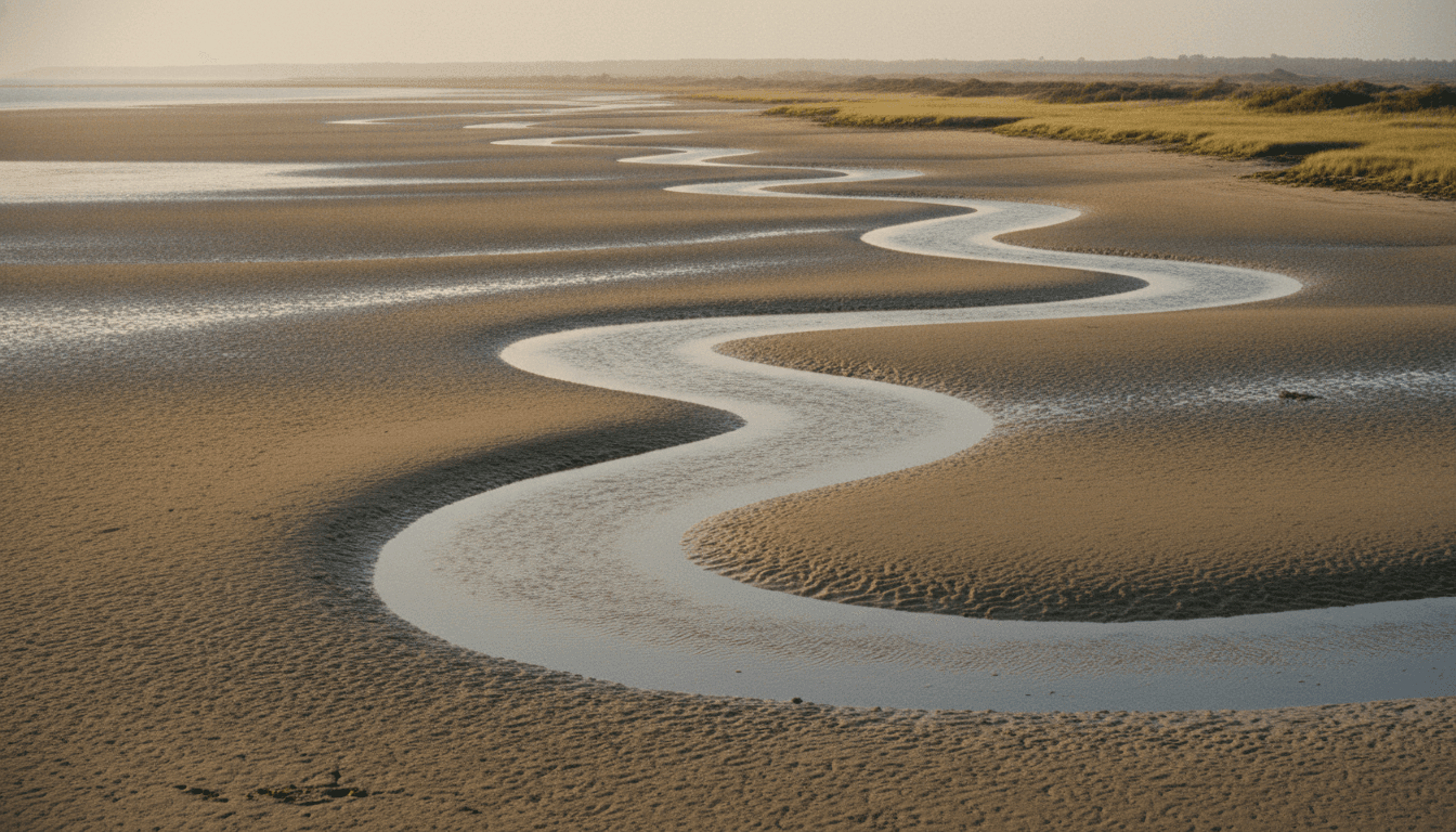 A wide tidal estuary at golden hour, ribbons of water threading across the rippled flats