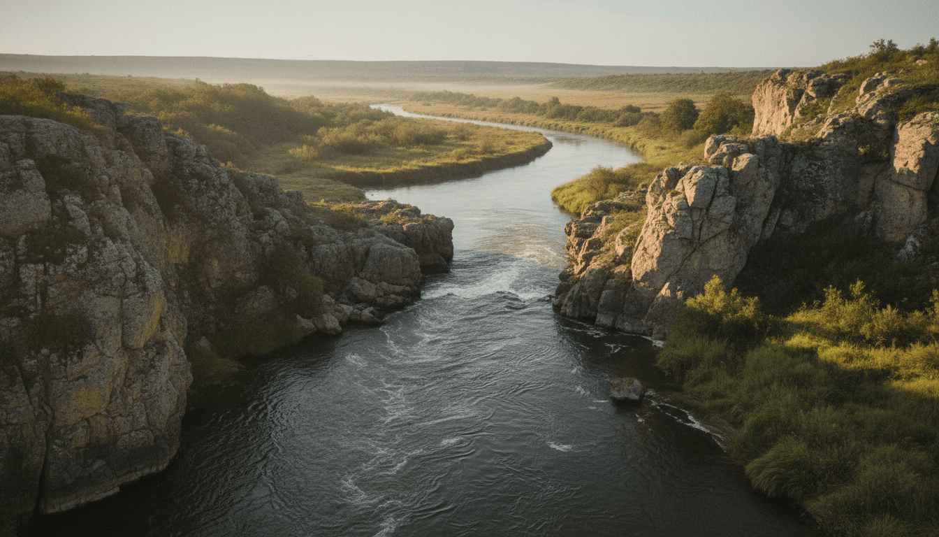 A wide river narrowing through a stone passage in morning light