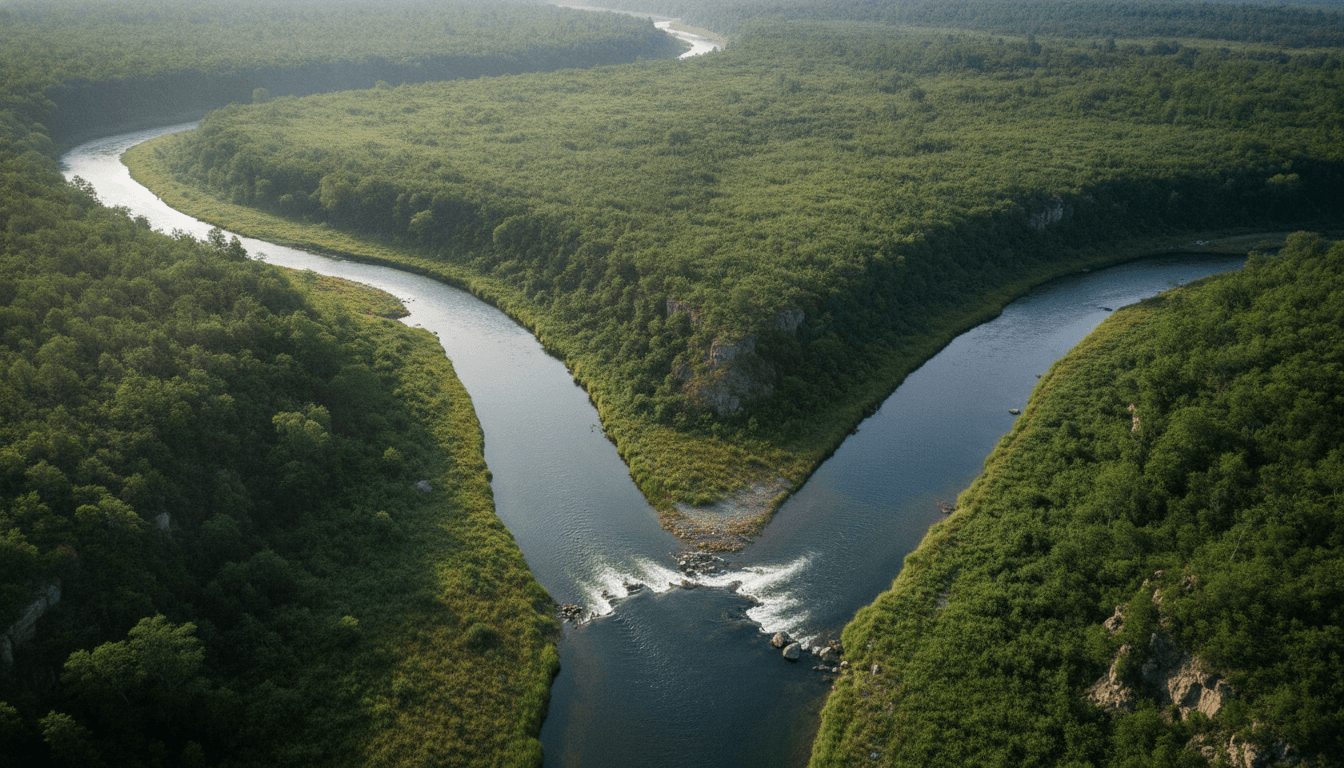 Two rivers joining at a clear confluence, the combined river fuller downstream