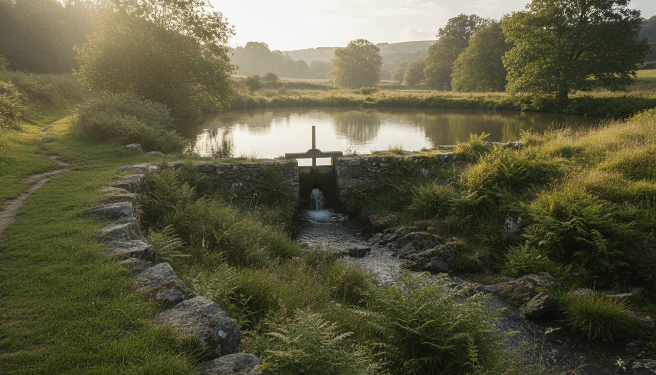 A millpond sluice releasing a small controlled stream