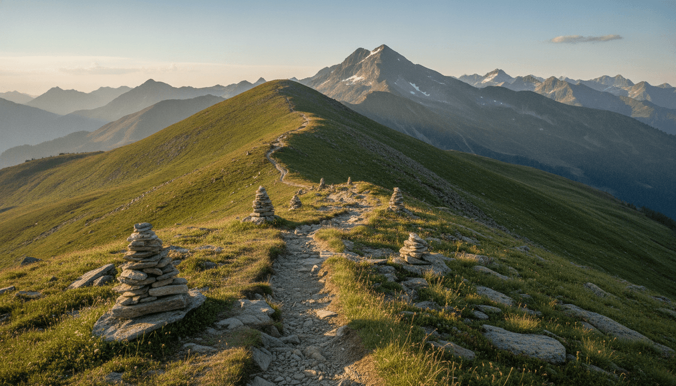 A steep switchback trail climbing green slopes toward a high sunlit summit