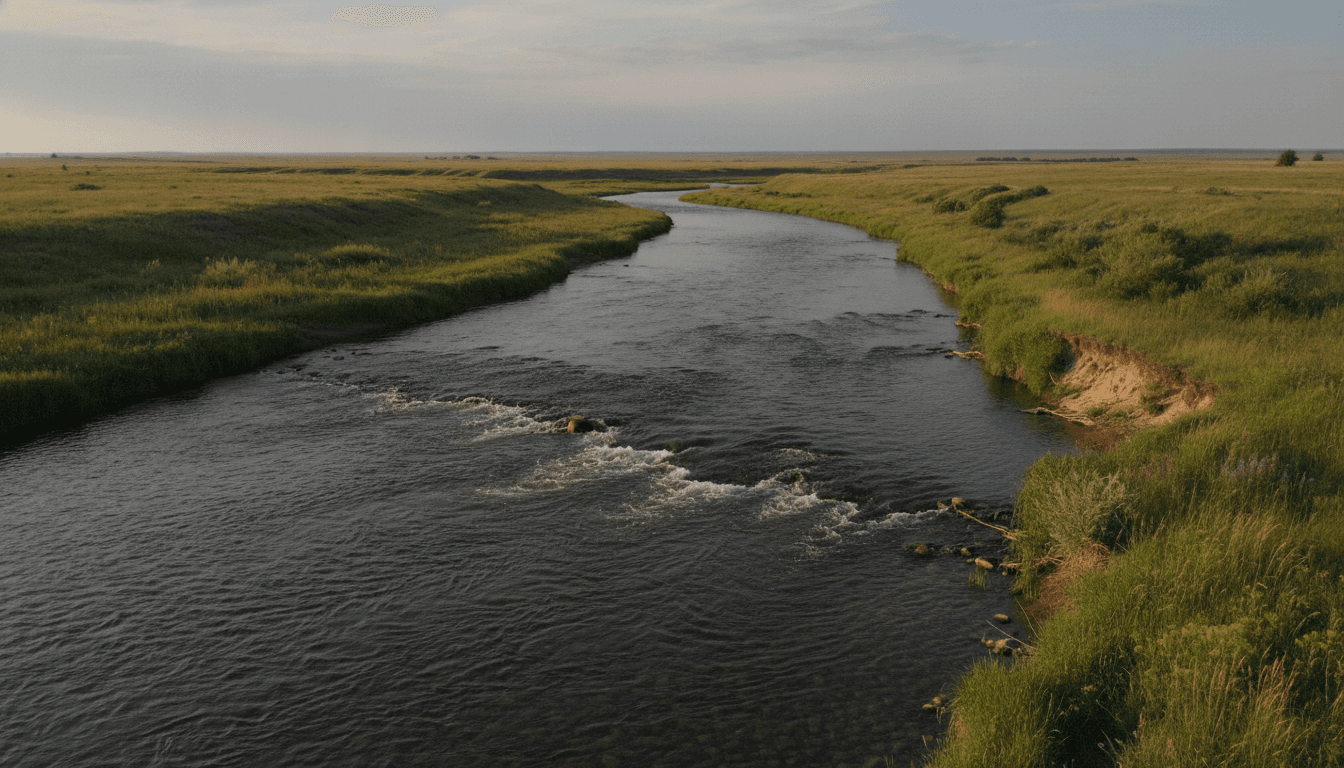 A broad river running full again between green banks in morning light