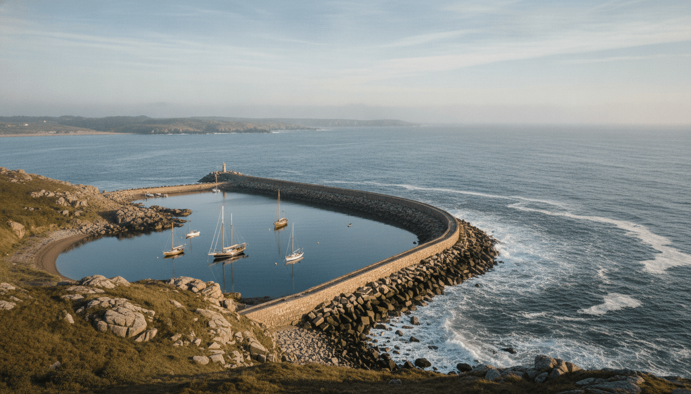 A stone breakwater holding a calm harbor against a lively sea