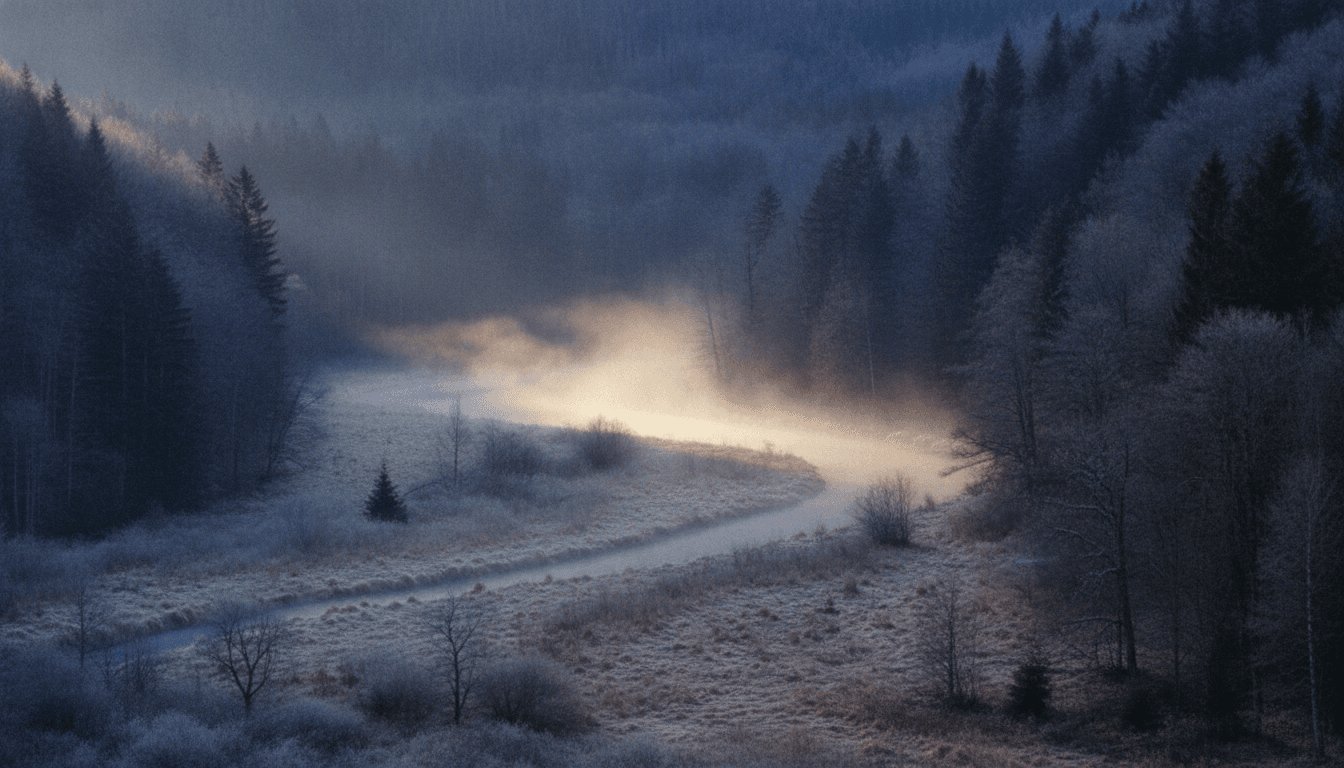 First light reaching down into a misted river valley at dawn