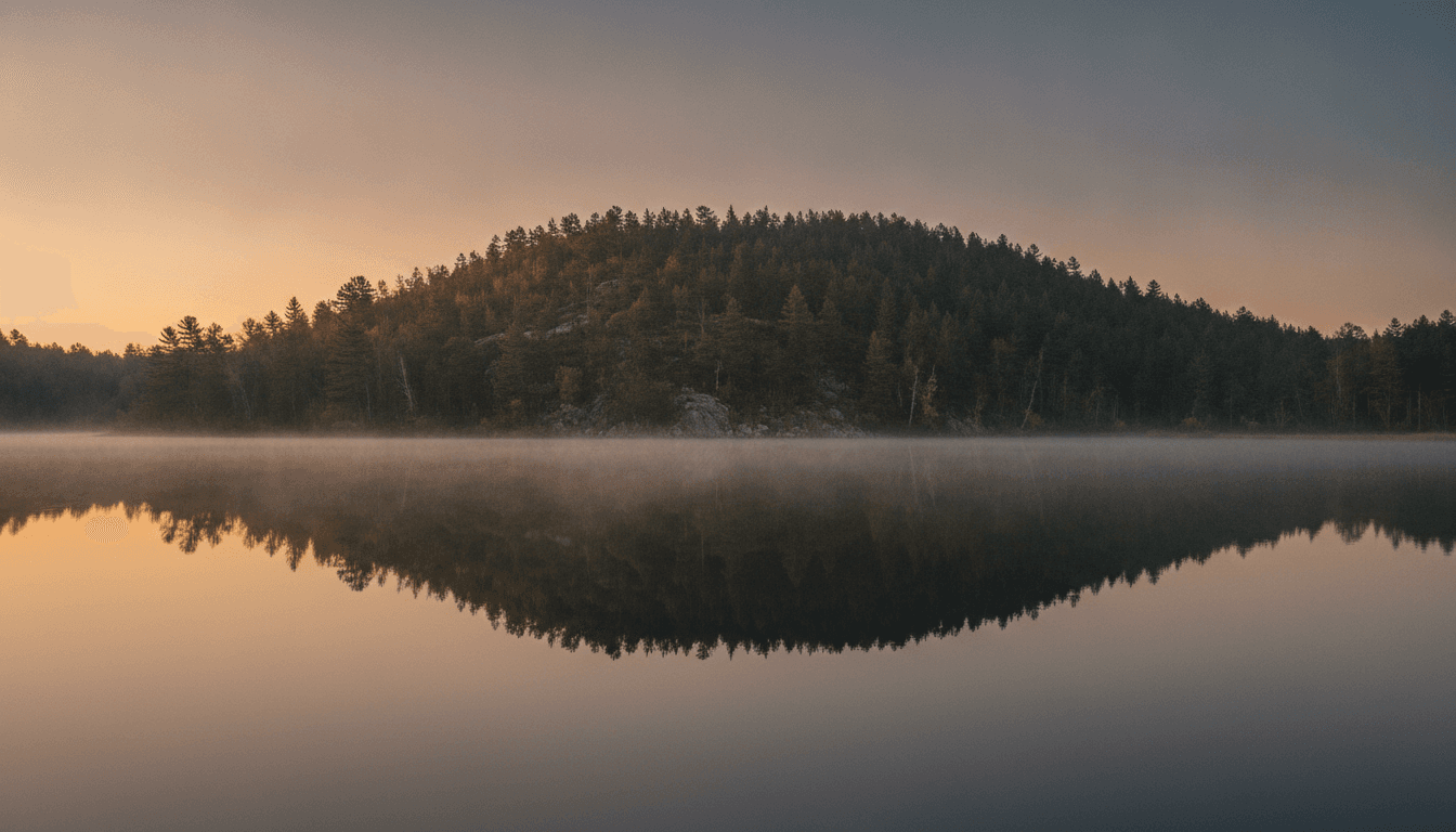 A still dawn lake reflecting a warm sky and a wooded hill