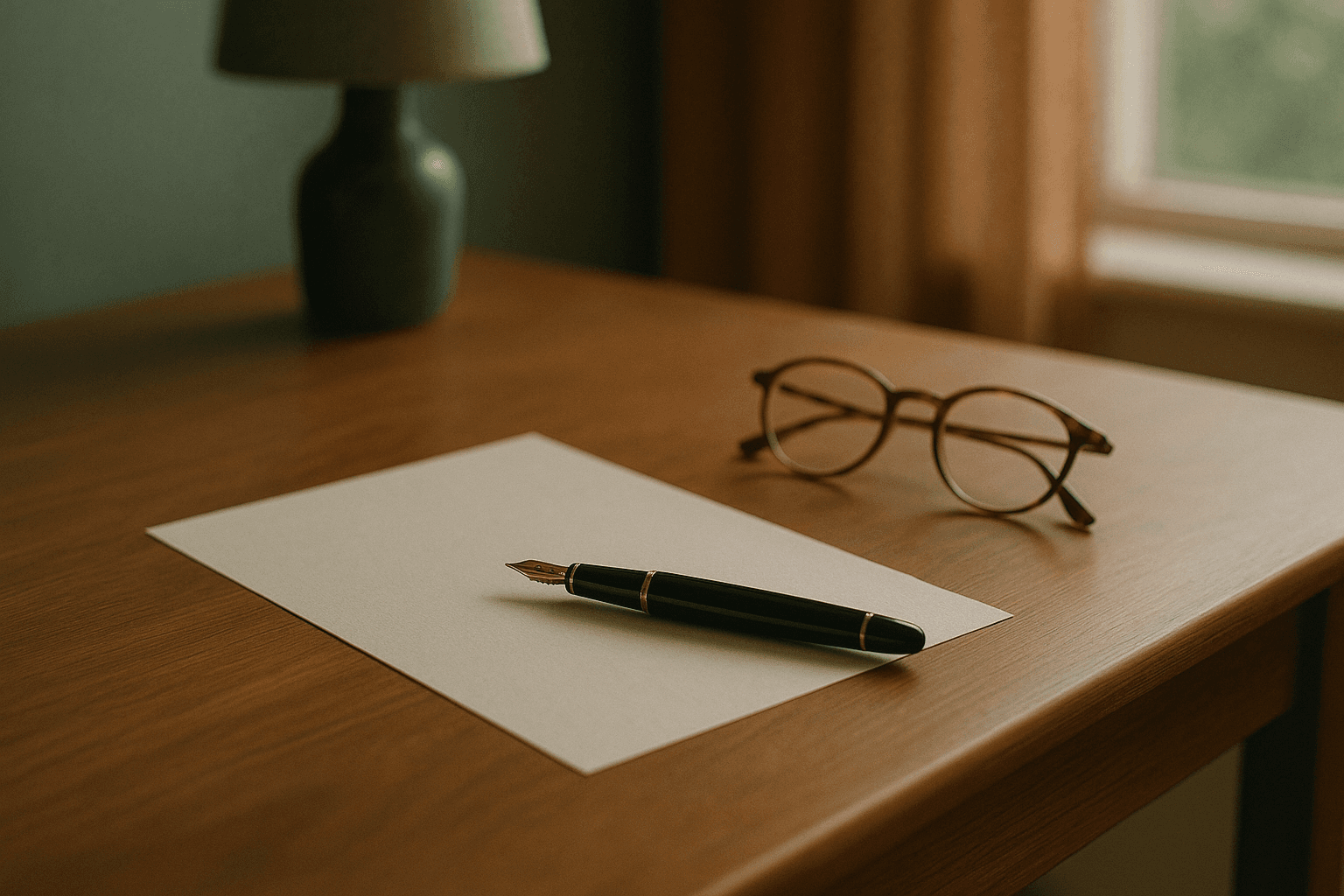 Quiet workspace with papers and pen