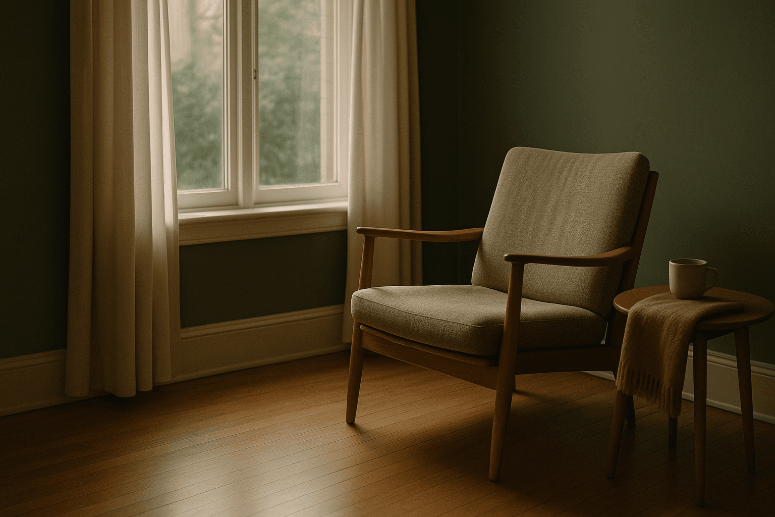 A quiet room with a single empty armchair by a window in soft morning light