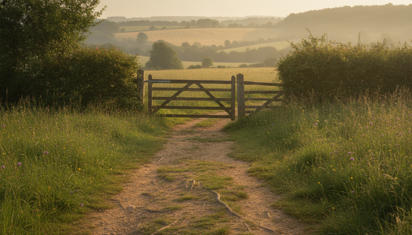 A path through a sunlit meadow leading to an open gate in a hedgerow