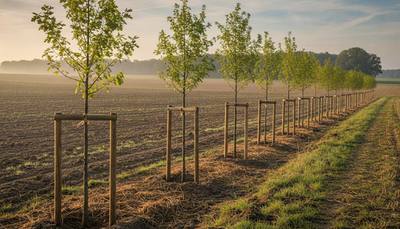 A row of young oaks planted at the edge of open farmland