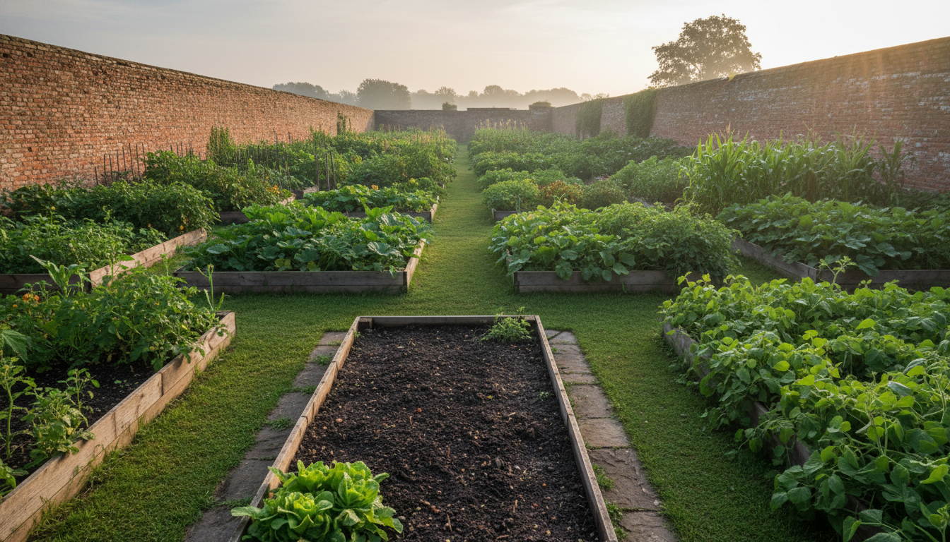 A walled garden in full leaf, the nearest bed freshly tended