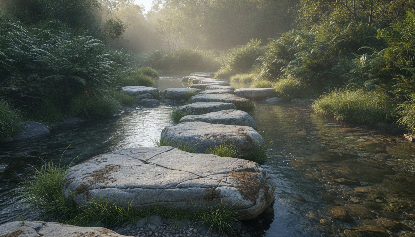 Stepping stones across a clear stream in morning light