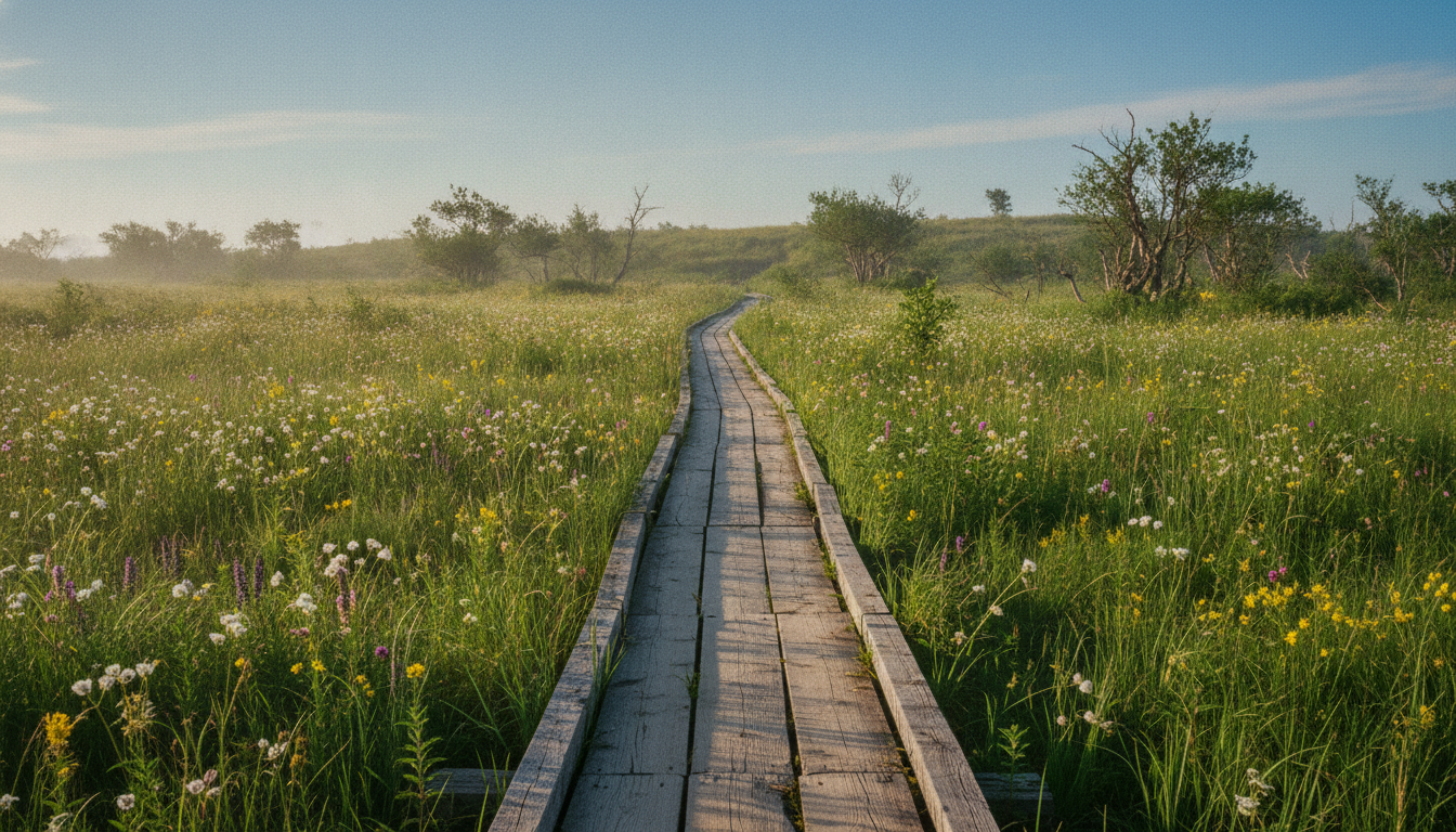 A boardwalk crossing a summer meadow toward firm ground