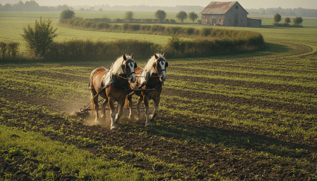 Two draft horses ploughing a field in step, warm afternoon light