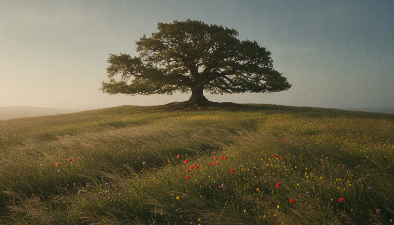 A deep-rooted oak standing calm on a windswept hill as the grass streams sideways in the wind
