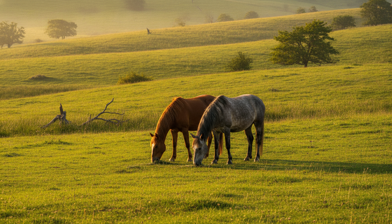 Two horses grazing the same sunlit pasture, close together but each cropping its own patch of grass
