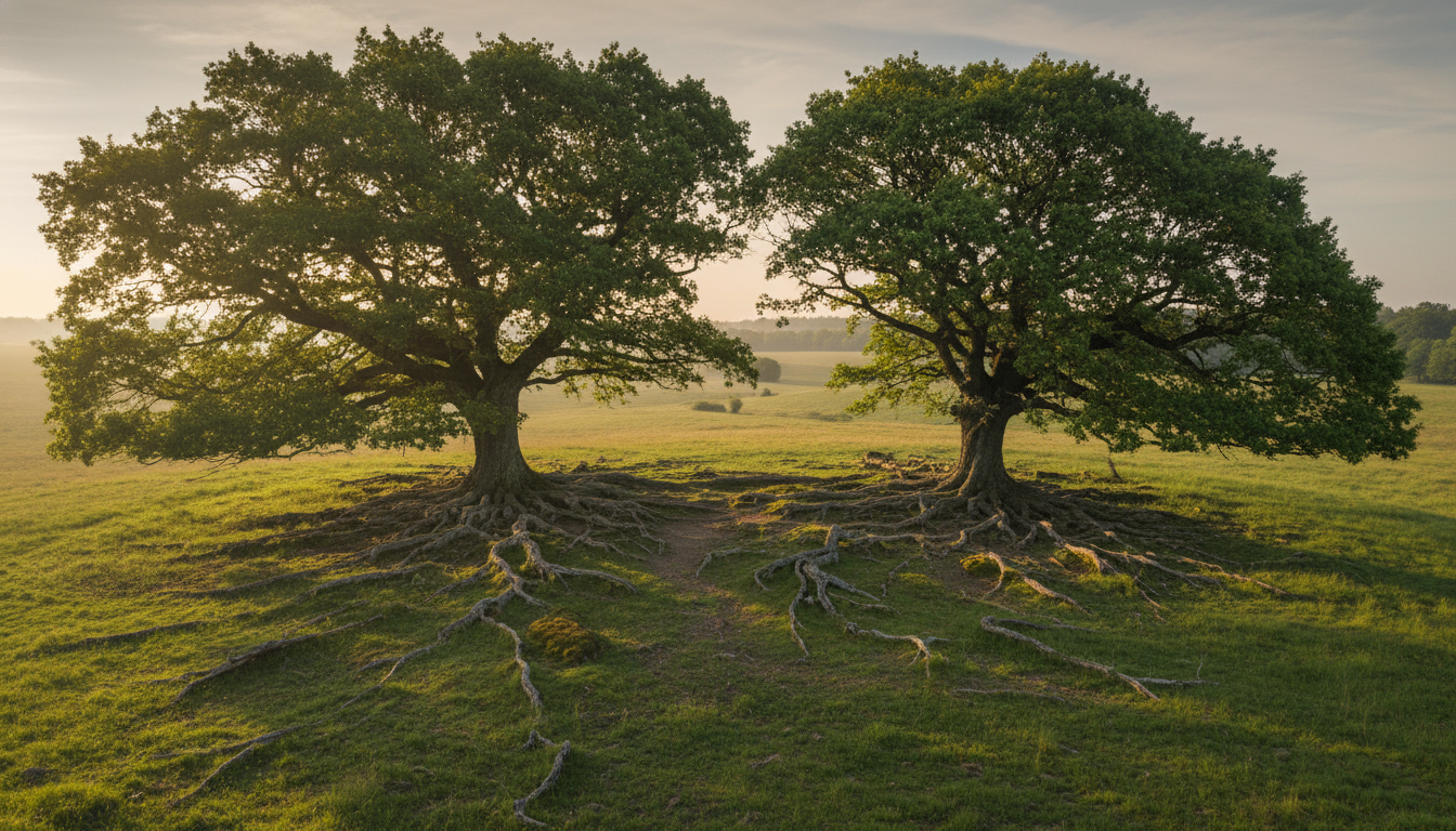 Two oaks in full leaf, their roots joined across the ground between them