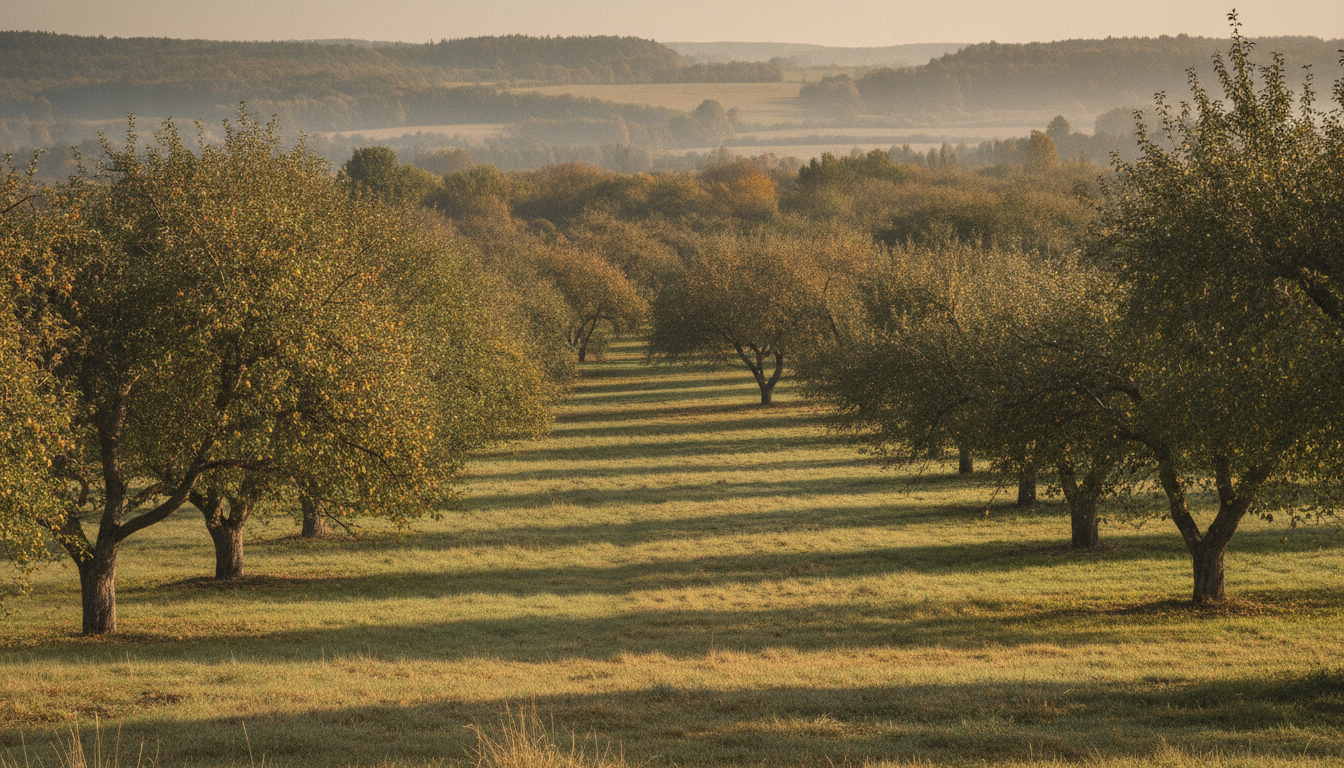 A broad orchard at rest in warm early autumn morning light
