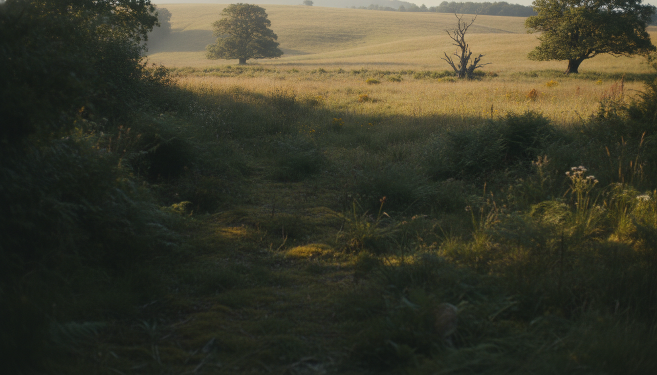 A shaded green hollow with sunlit higher ground rising beyond it