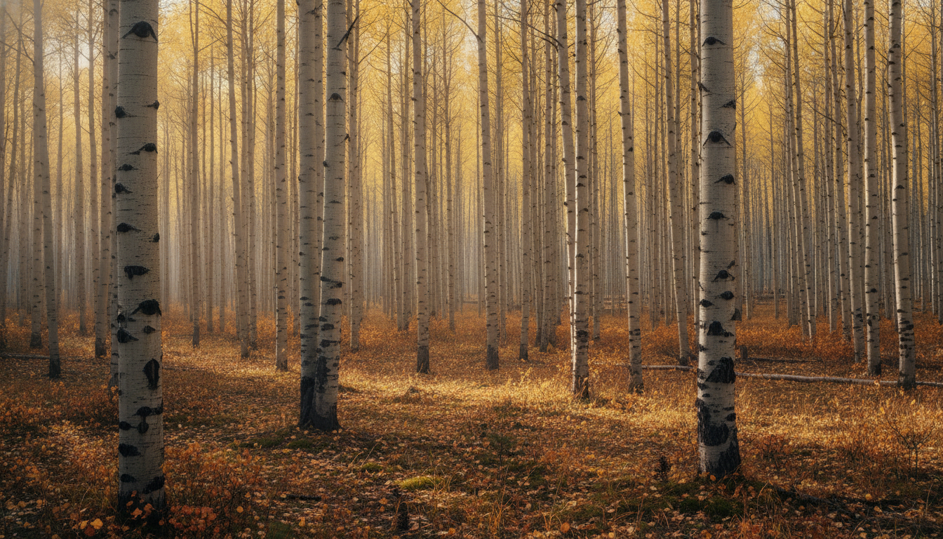 A grove of golden aspens, separate trunks sharing one hidden root system