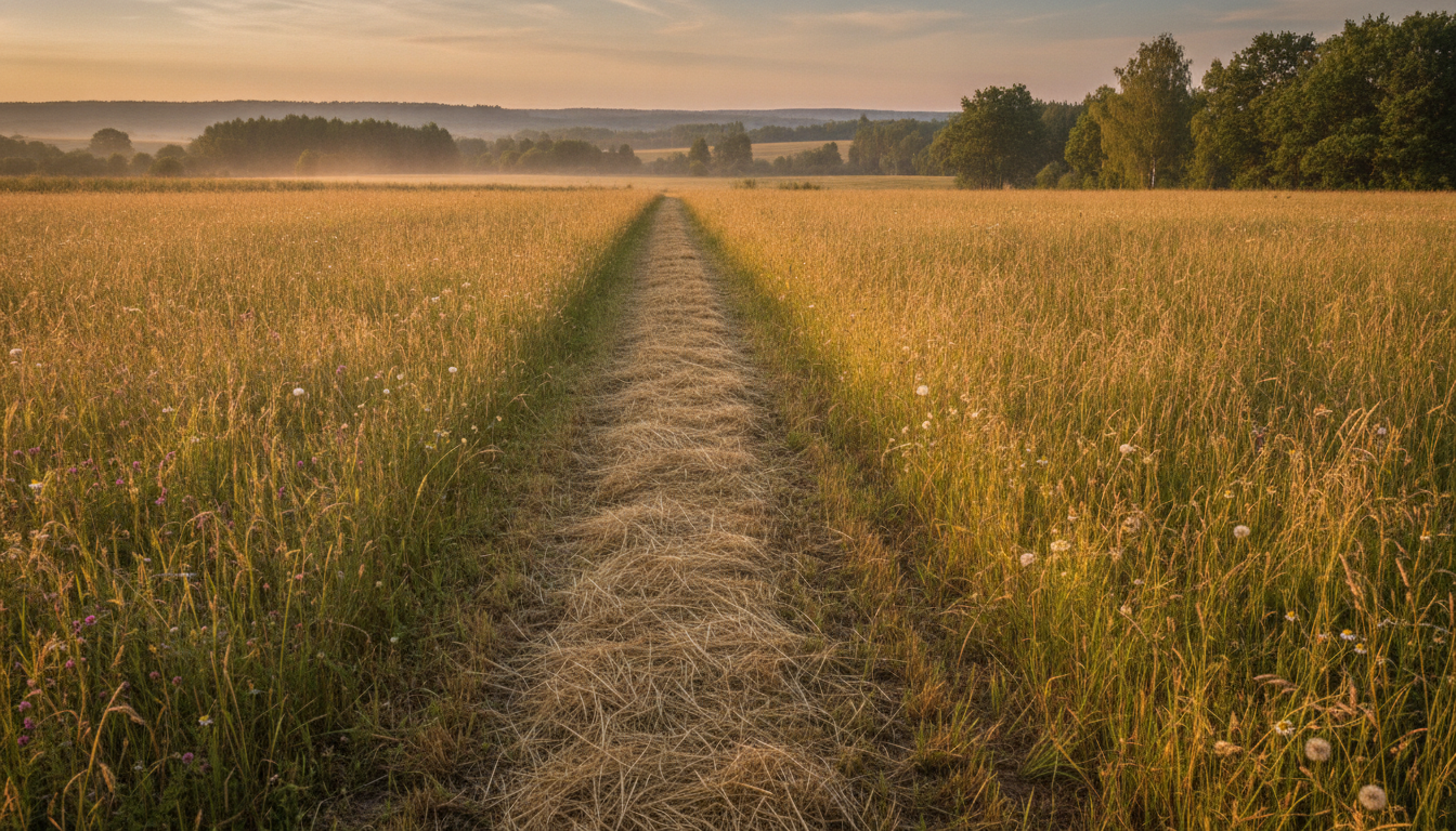 A hay meadow with one freshly mown strip, the rest left standing