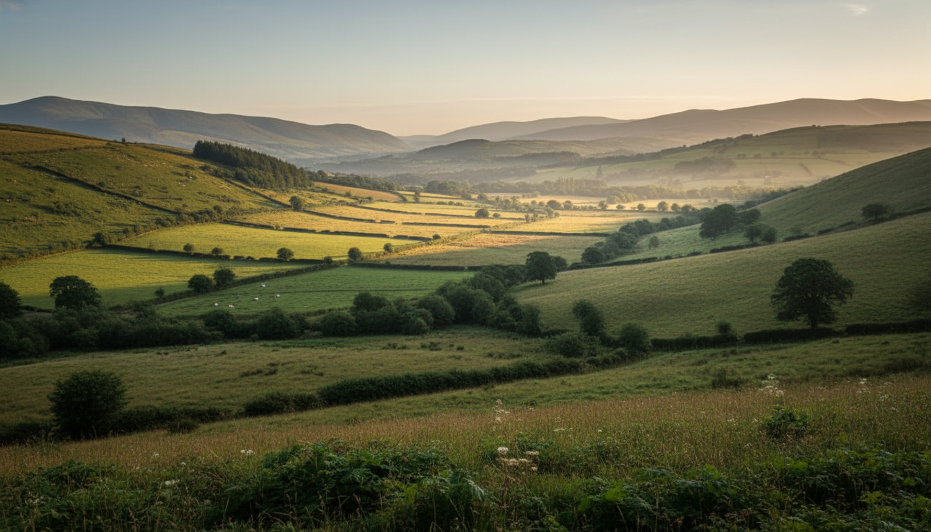 A band of sunlight across a green valley between hill shadows
