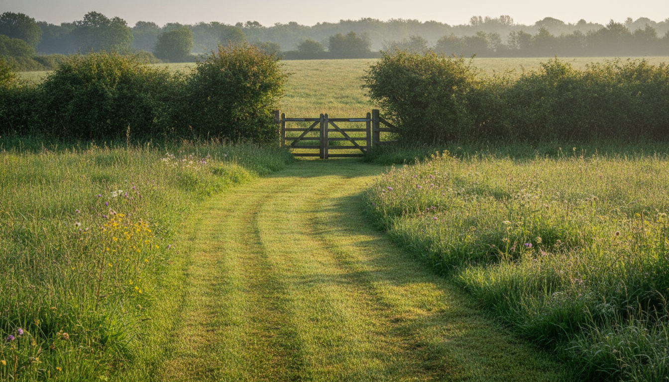 A mown grass path curving through a green summer meadow toward an open wooden gate in morning light