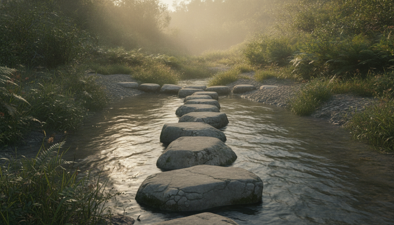 Stepping stones set at even intervals across a calm stream in warm light