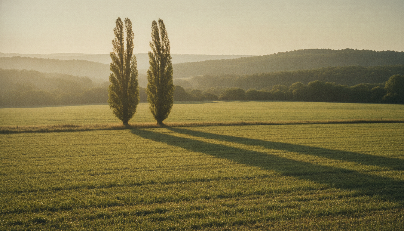 Two tall poplars together at the edge of a hayfield in evening light