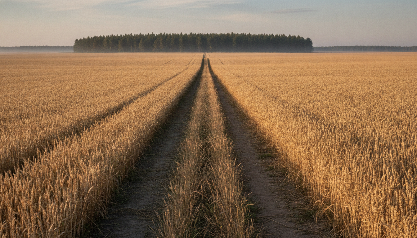 A single dirt track receding through golden fields toward distant trees