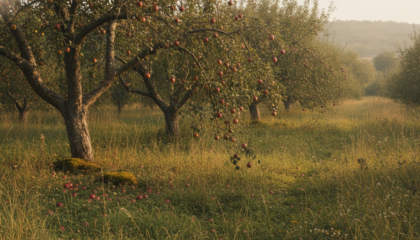 An orchard heavy with ripe, unpicked fruit in golden light