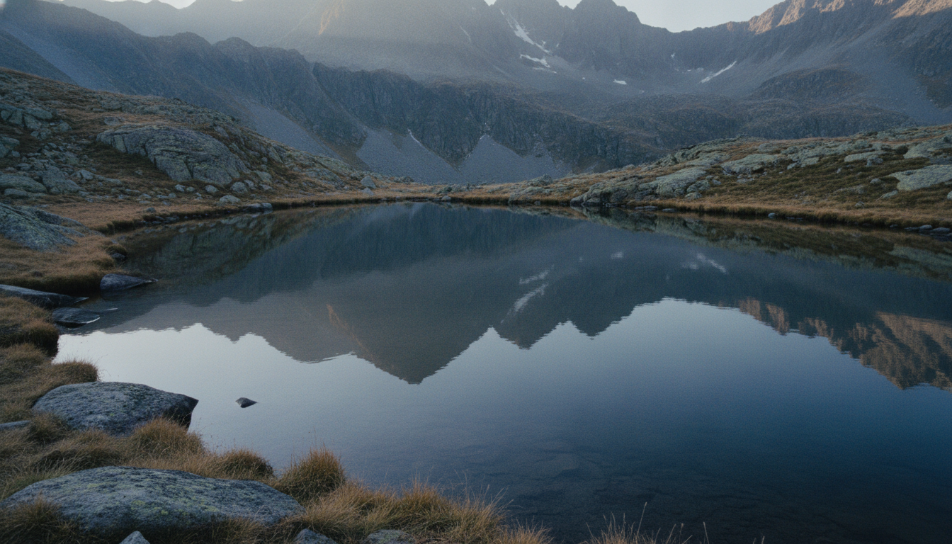 A deep still mountain lake mirroring the peaks in clear morning light
