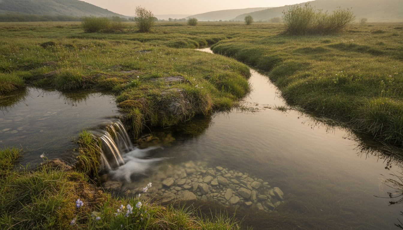 A spring-fed pool filled to the brim, overflowing into a meadow stream