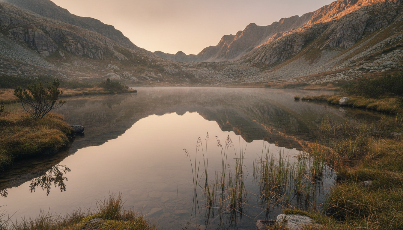 A perfectly still mountain tarn at dawn mirroring a warm sky, sheltered in a rocky basin